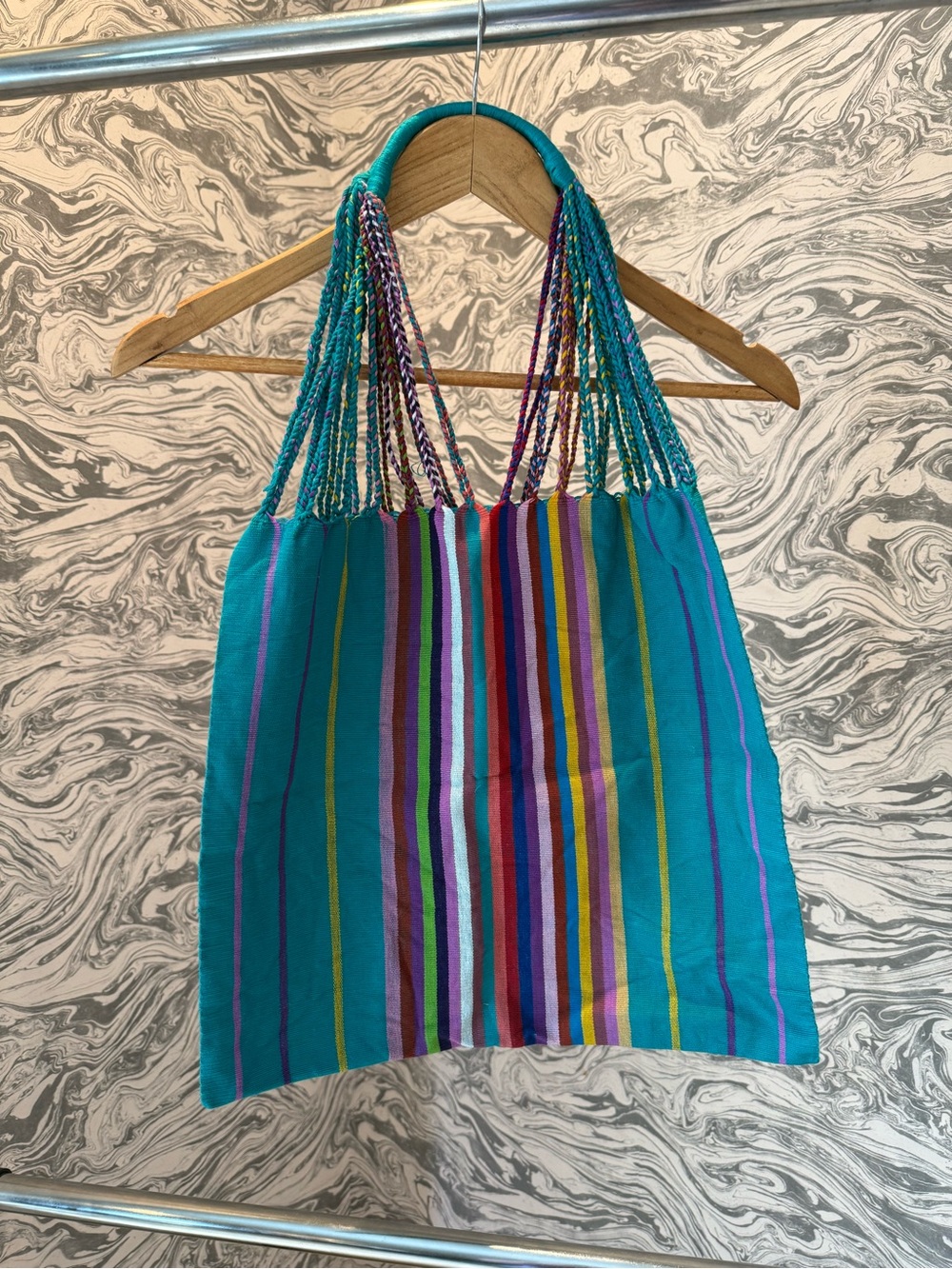 Turquoise Multicolor Striped Woven Tote Bag